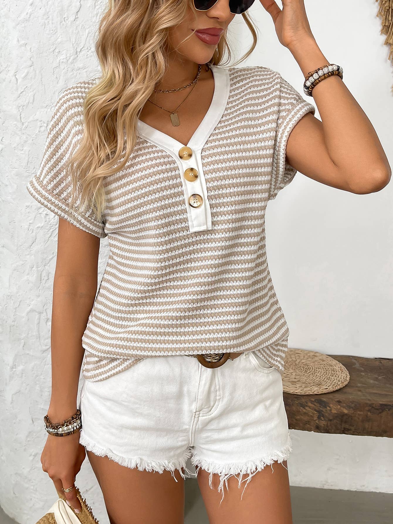 V-Neck Button Knit Top