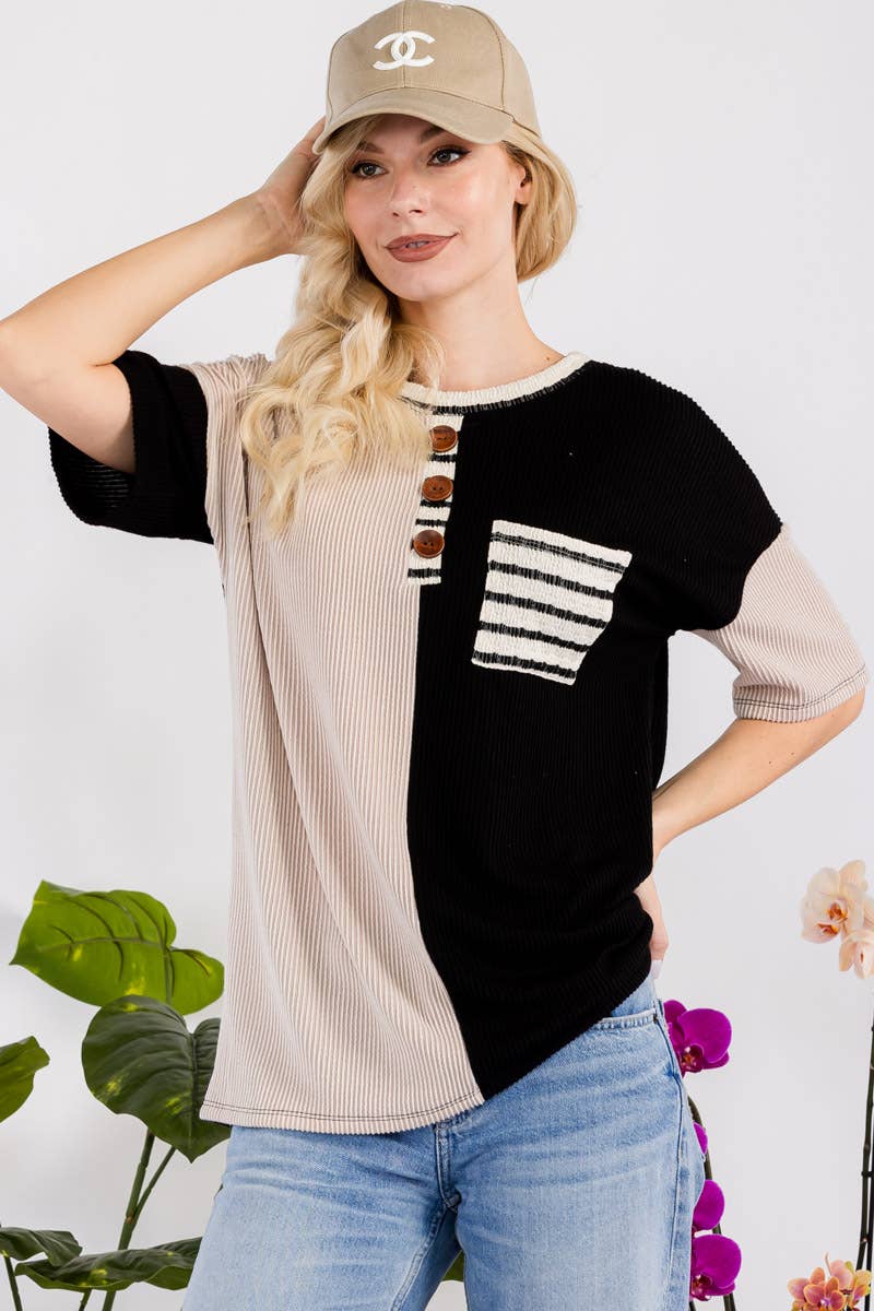 PLUS SIZE CLOTHING RIB COLOR CONTRAST T-SHIRT
