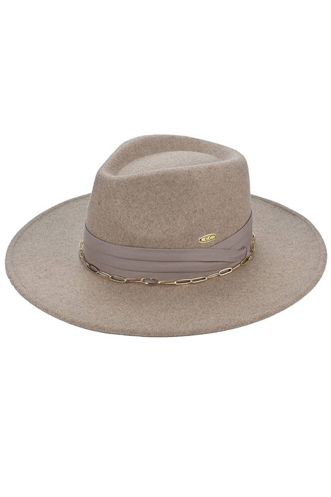 C.C Link Chain and Pleated Wide Band Felt Hat Panama Hat