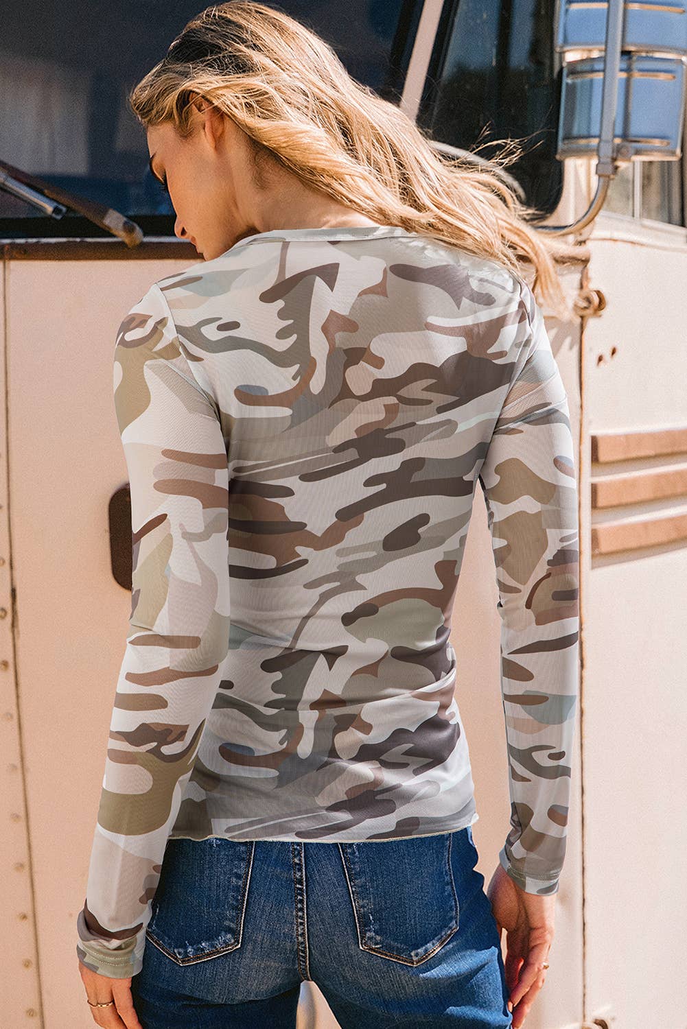 Fashion-W Western Camouflage Print Mesh Long Sleeve Top