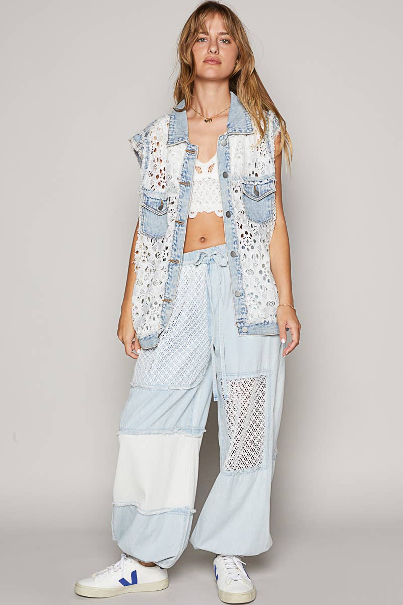 Oversize crochet lace contrast front pockets denim vest-Size down 2 sizes