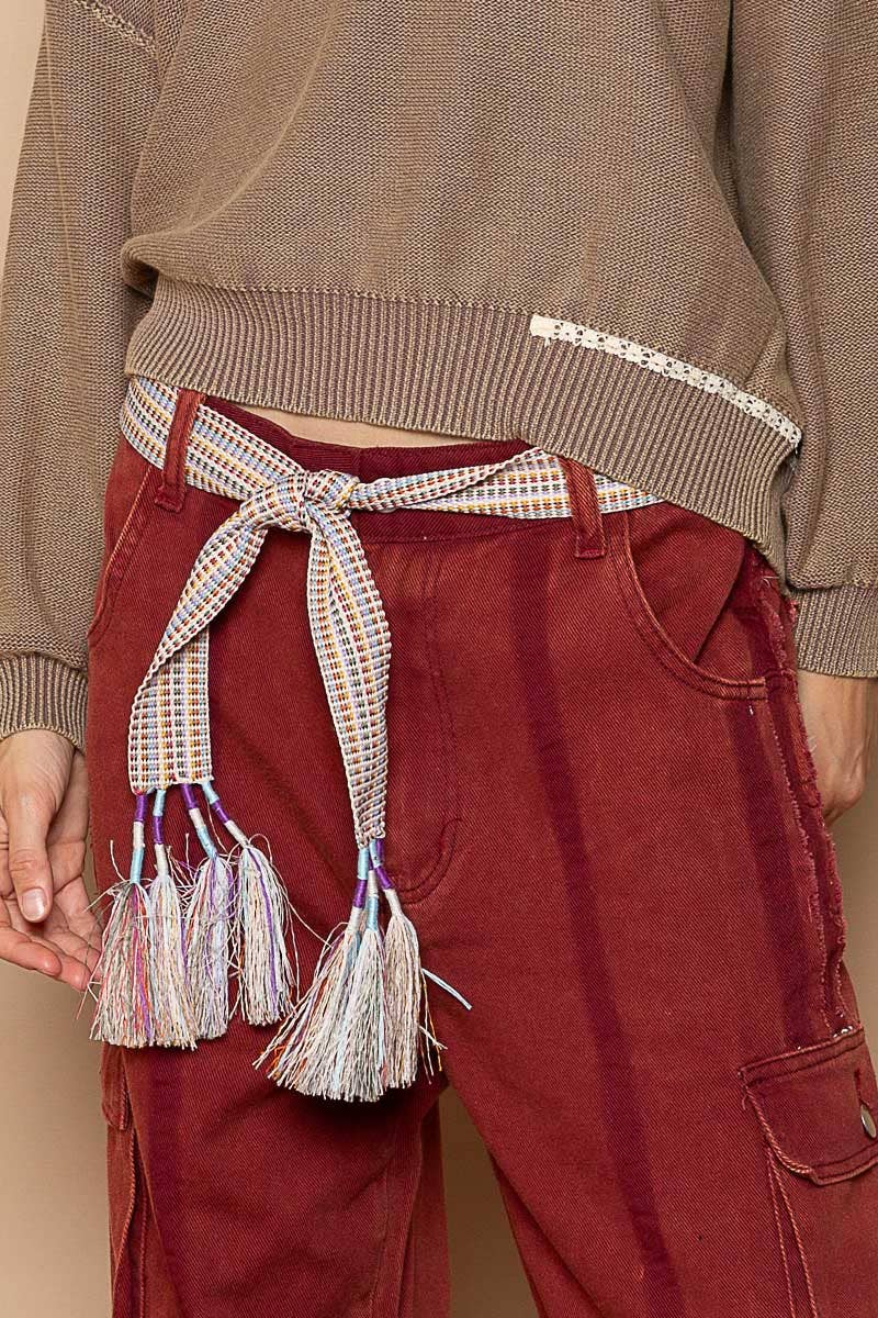 Contrast stripes wrapped tassle fringe cloth belt