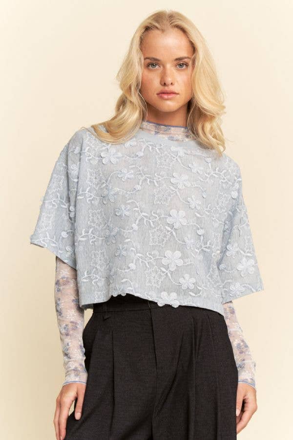 FLORAL RUFFLE SHORT SLEEVE BABYDOLL MESH TOP