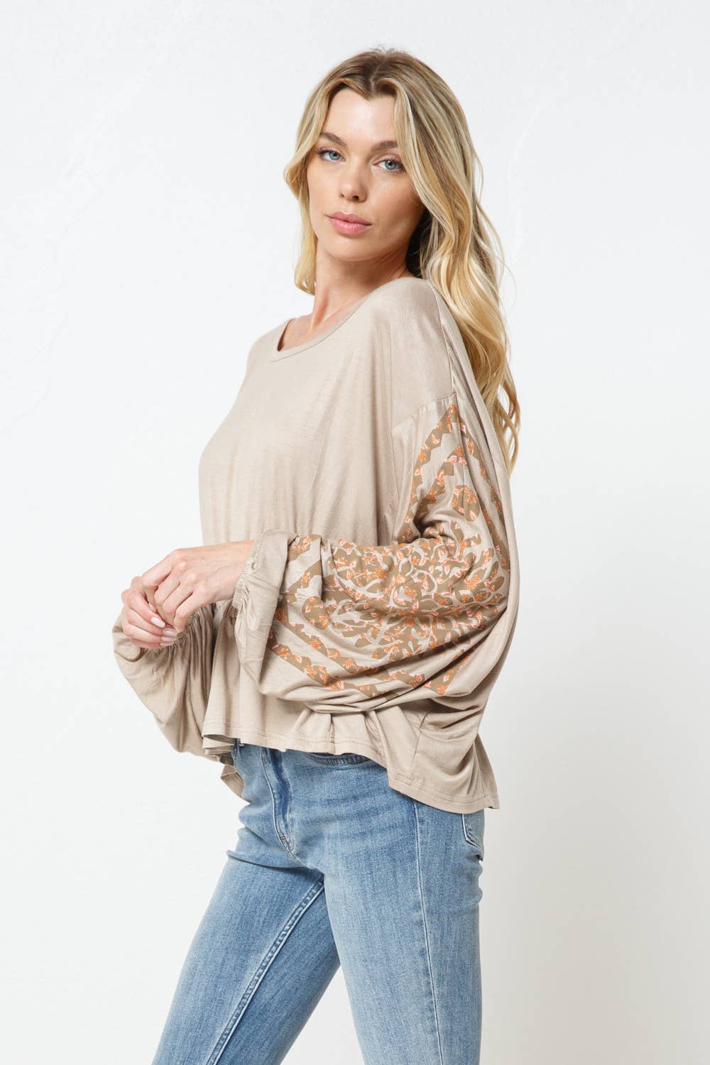 Soft Jersey Shirred Front Printed Dolman Top