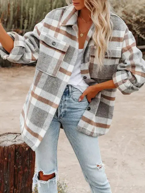 Gray Plaid Button Flannel Shirt Jacket