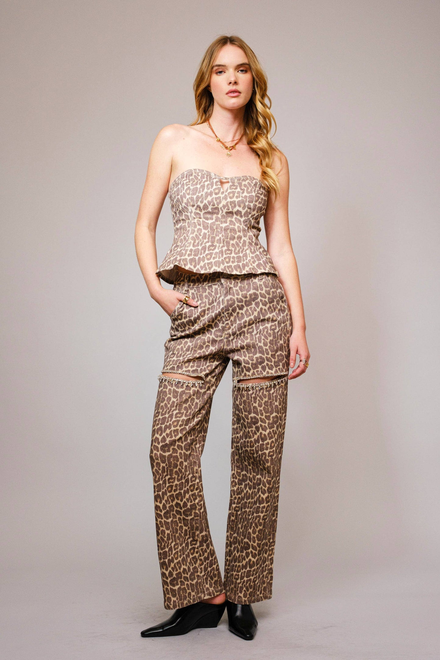 Leopard Print Rhinestone Cutout Jeans