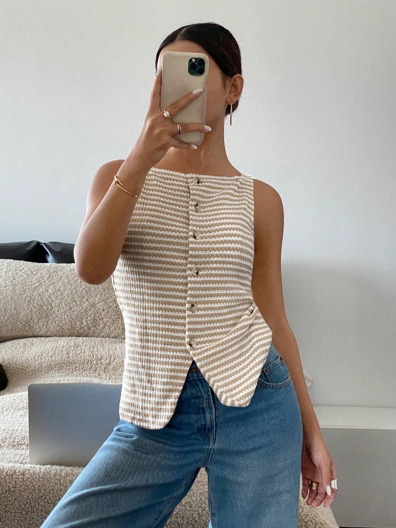 Button-Front Sleeveless Tank Top