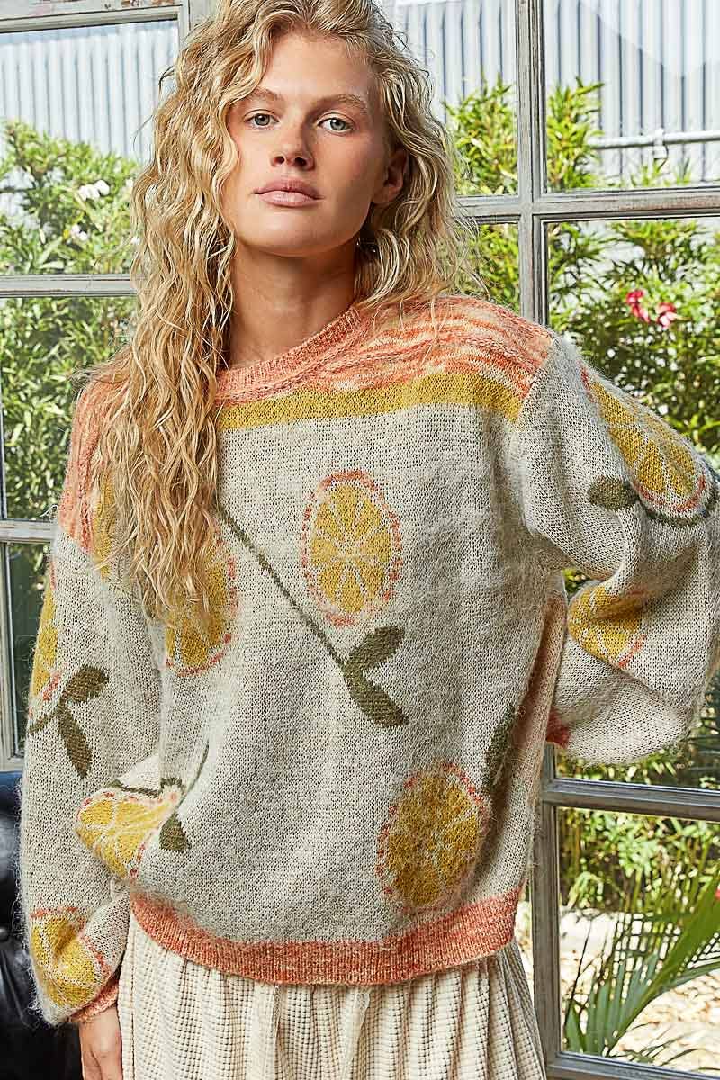 Long sleeve fruit motif pattern multi-colored sweater top