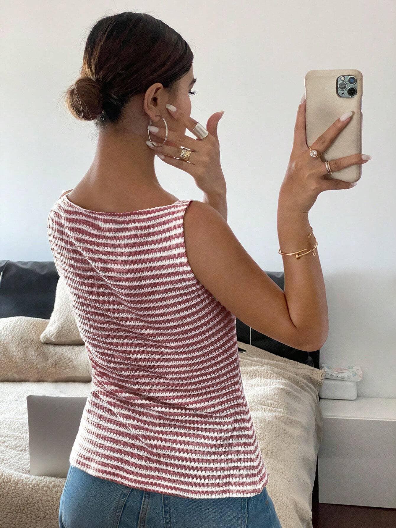 Button-Front Sleeveless Tank Top