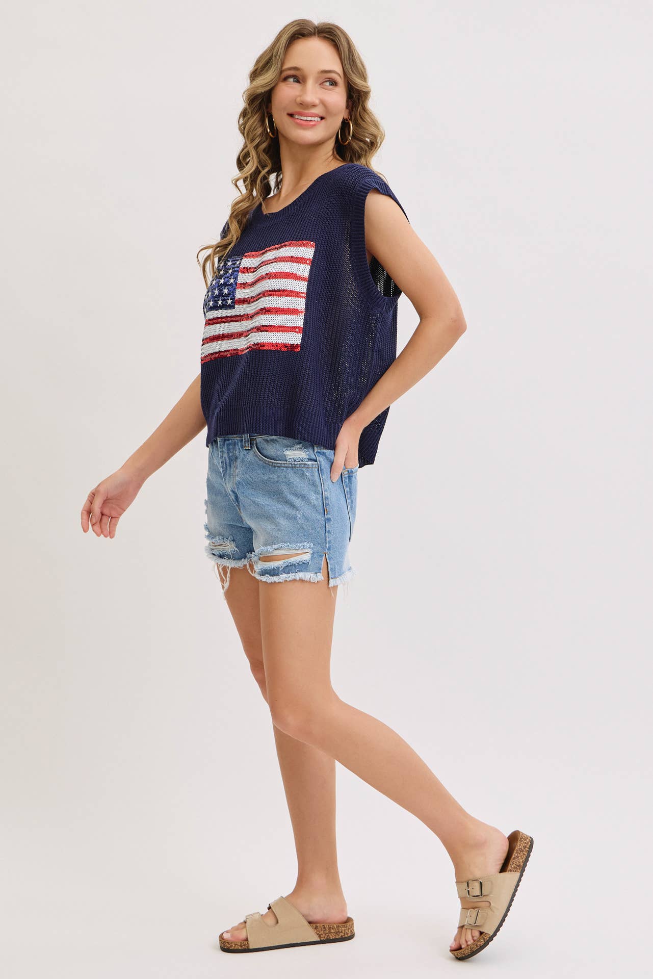 STAR AND STRIPES AMERICAN FLAG KNIT TOP IN SEQUIN