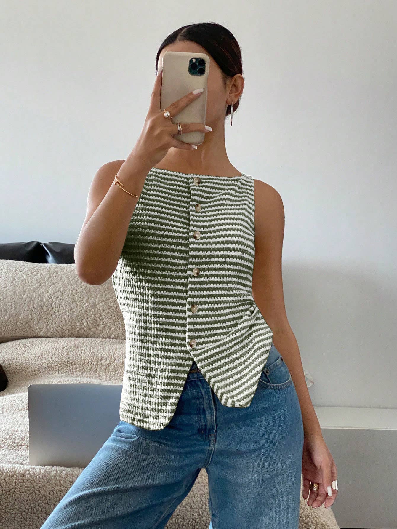 Button-Front Sleeveless Tank Top