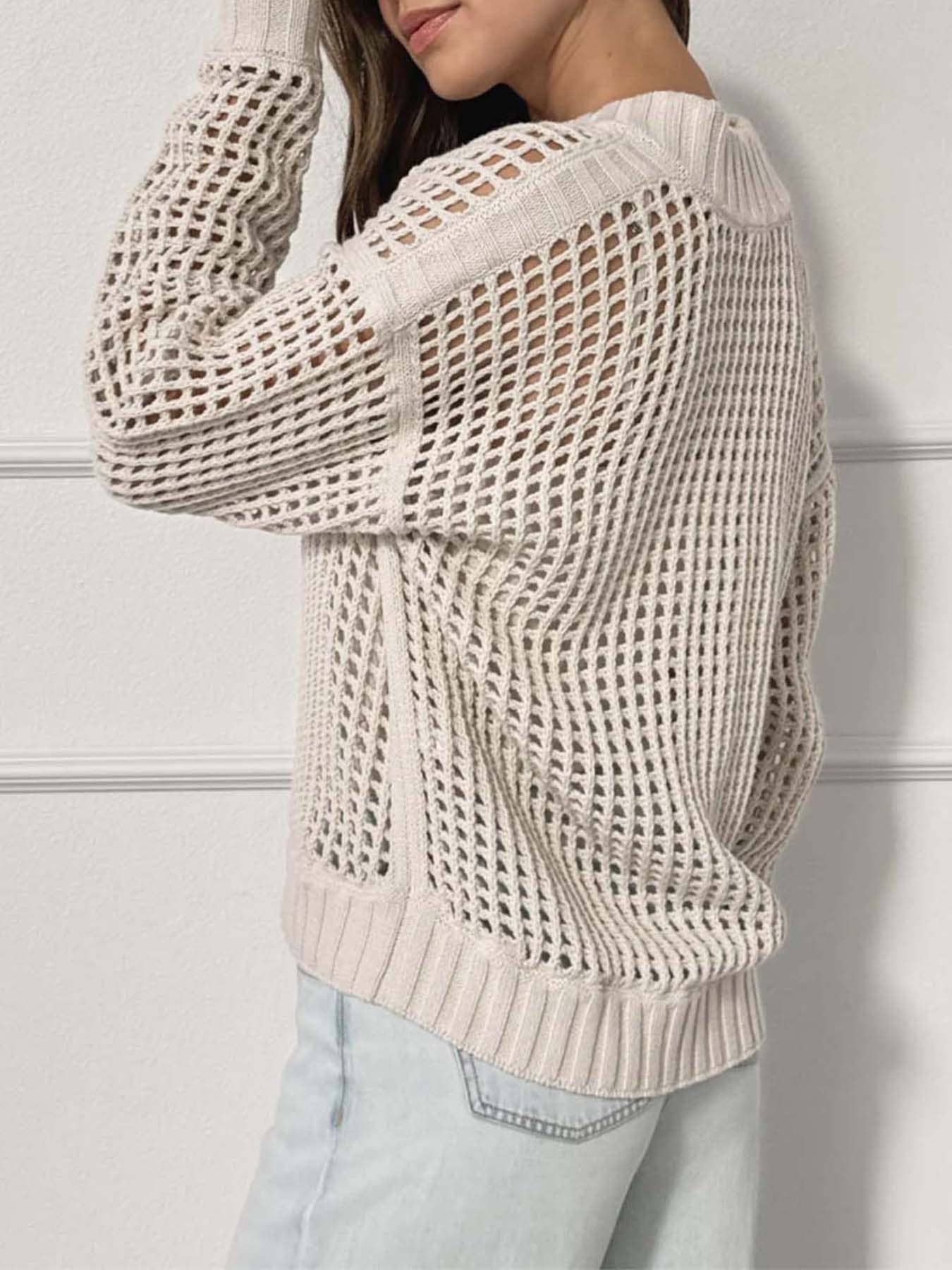 Zip Neck Hollow Out Knit Pullover Sweater