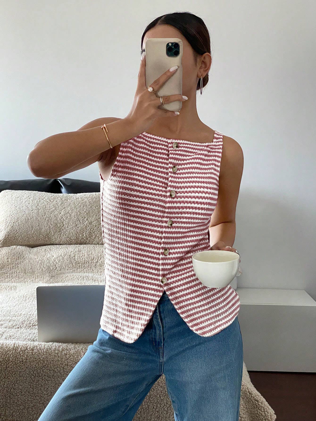 Button-Front Sleeveless Tank Top