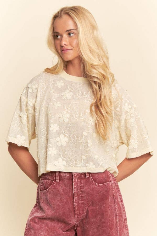 FLORAL RUFFLE SHORT SLEEVE BABYDOLL MESH TOP