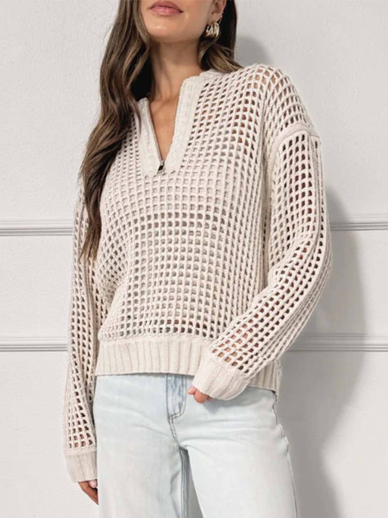 Zip Neck Hollow Out Knit Pullover Sweater