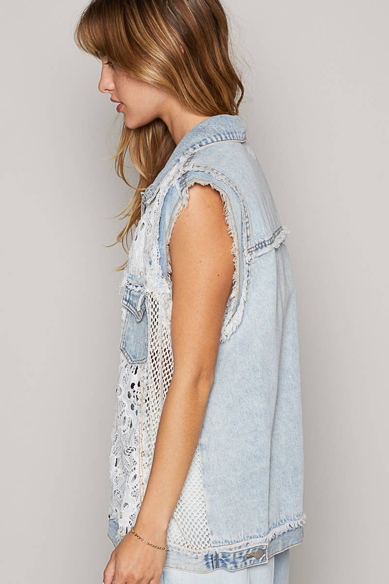 Oversize crochet lace contrast front pockets denim vest-Size down 2 sizes