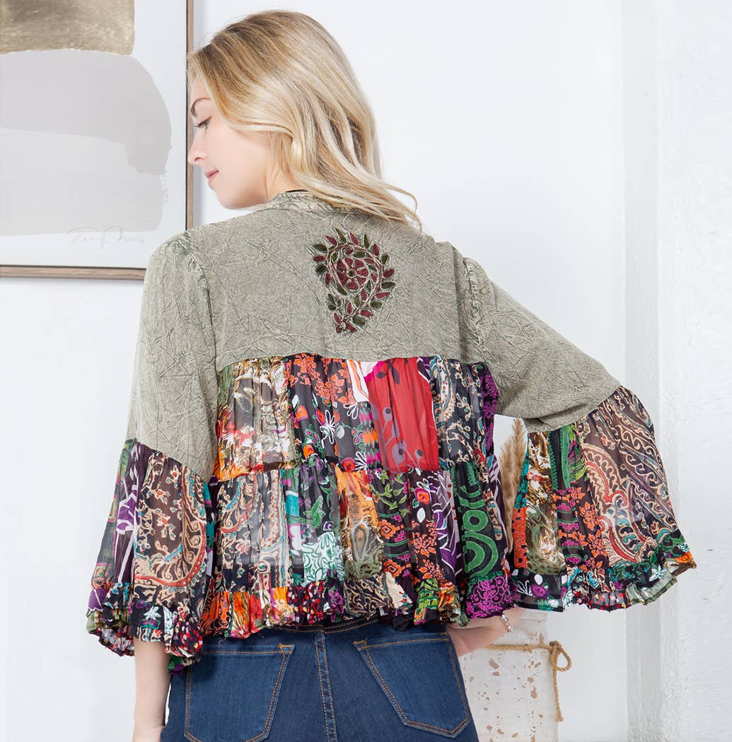 Vintage Bohemian : Tiered Patchwork Cropped Cardigan