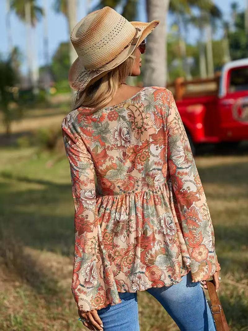 Western Printed Bell Sleeve Blouse