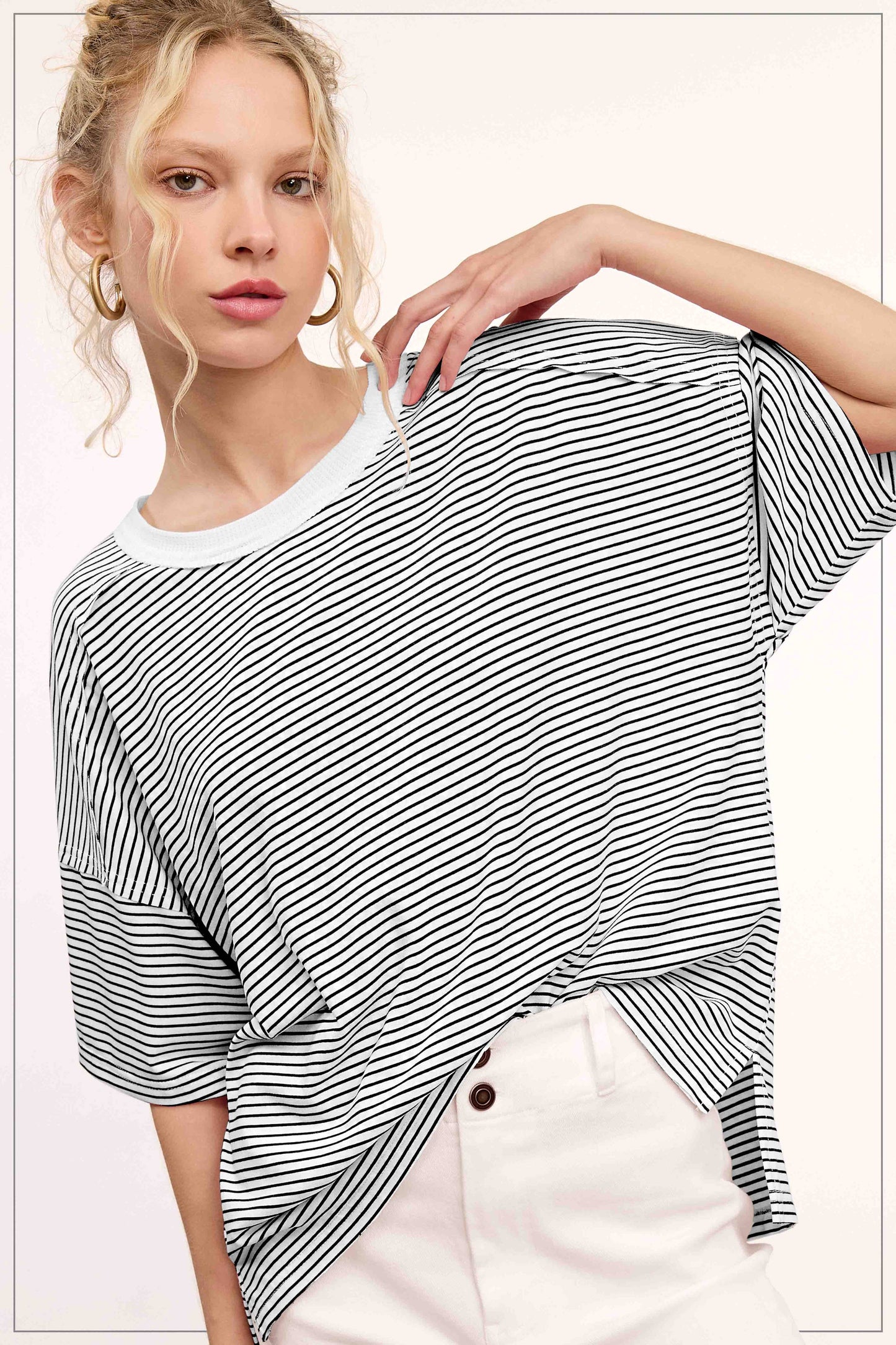 Basic Striped Drop Shoulder Short Sleeves Top