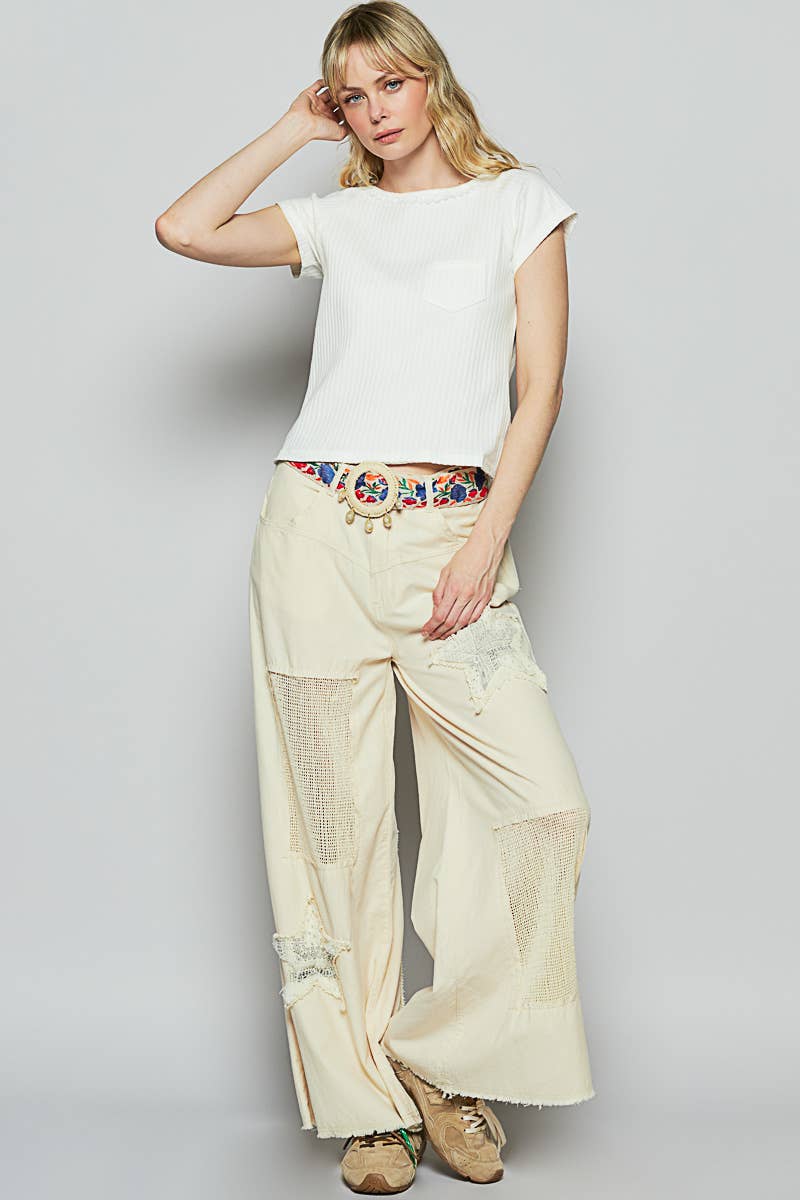 Vintage washed crochet star patch solid pants