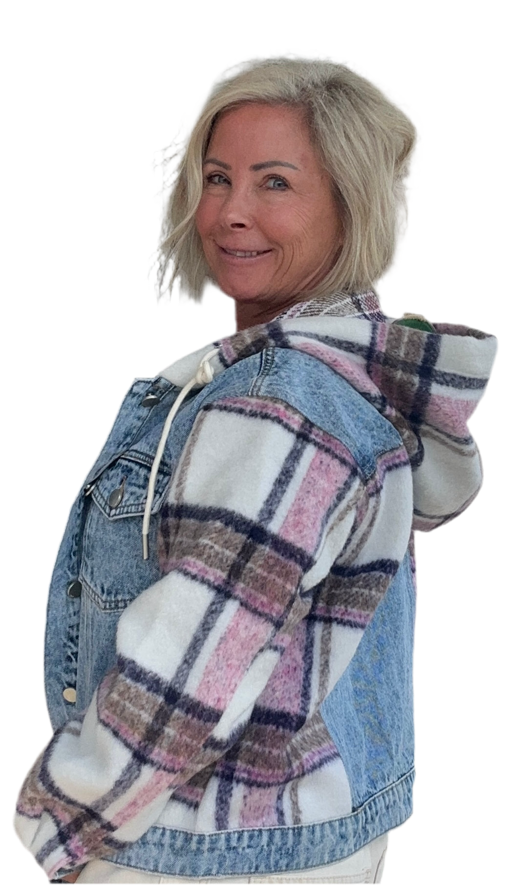 BRUSHED PLAID CONTRAST HOODED DENIM JACKET