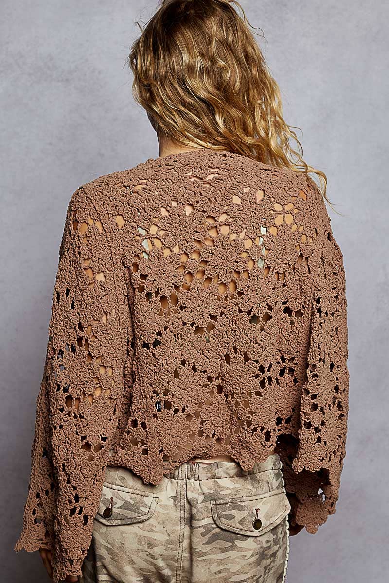 Flare sleeve scalloped edge solid crochet chenille sweater