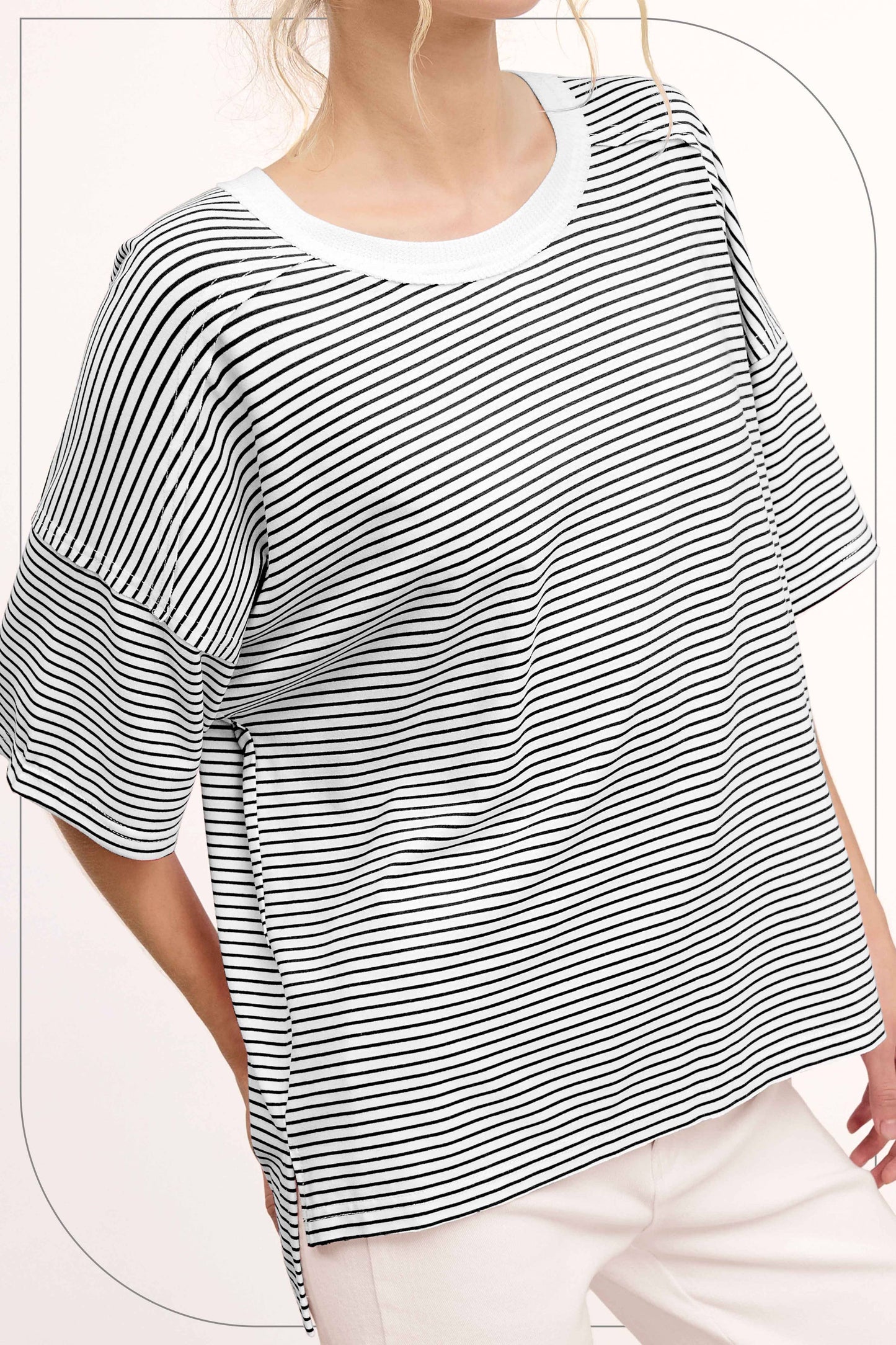 Basic Striped Drop Shoulder Short Sleeves Top
