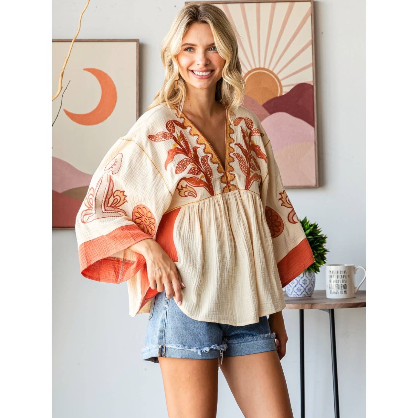 Vintage Embroidery Patch Gauze Top