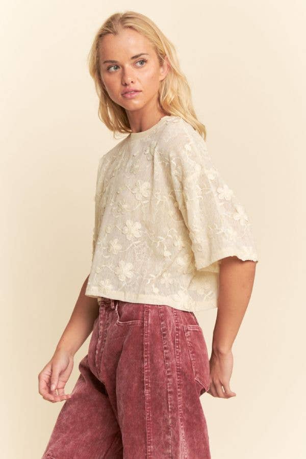FLORAL RUFFLE SHORT SLEEVE BABYDOLL MESH TOP