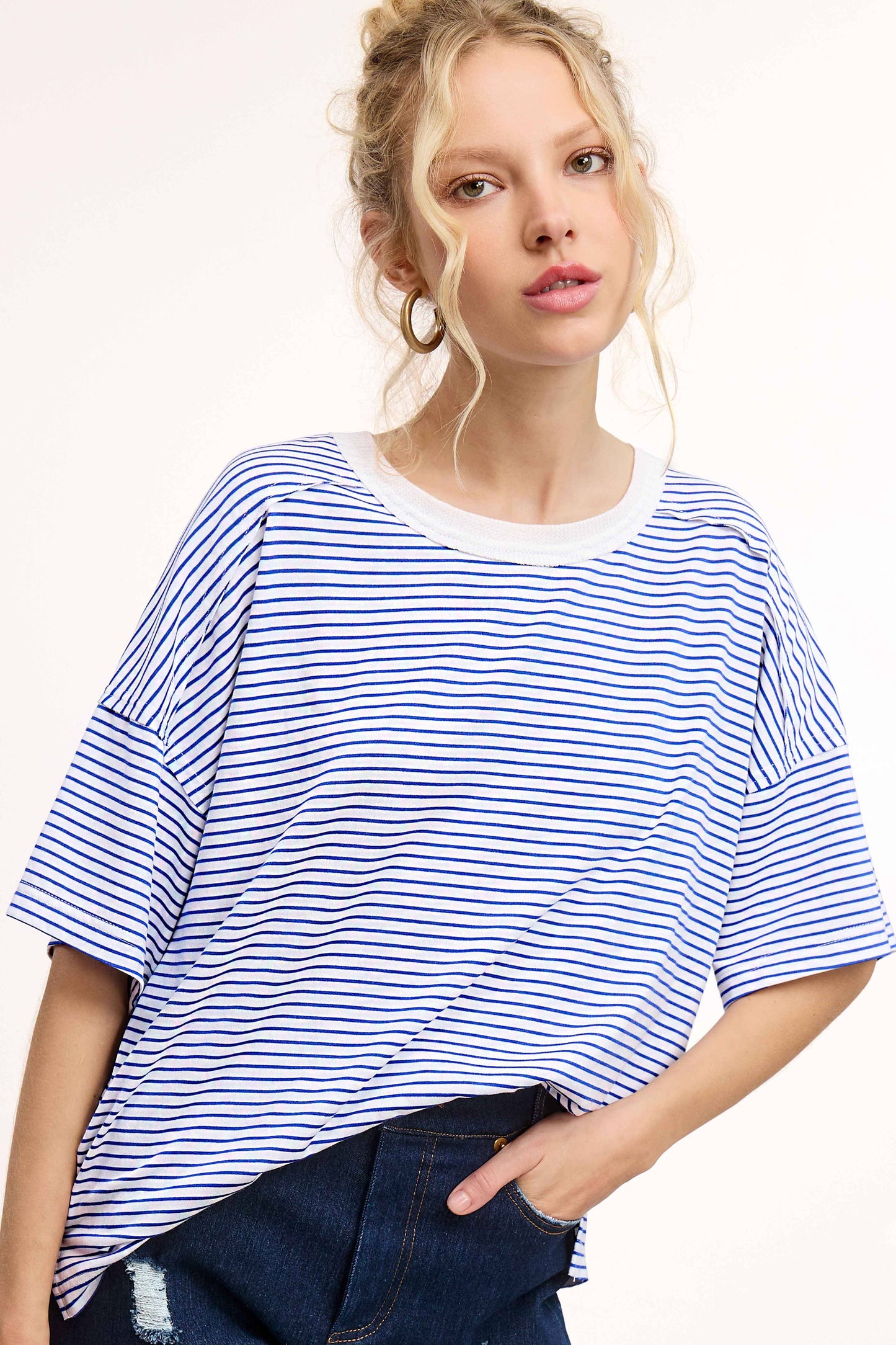 Basic Striped Drop Shoulder Short Sleeves Top