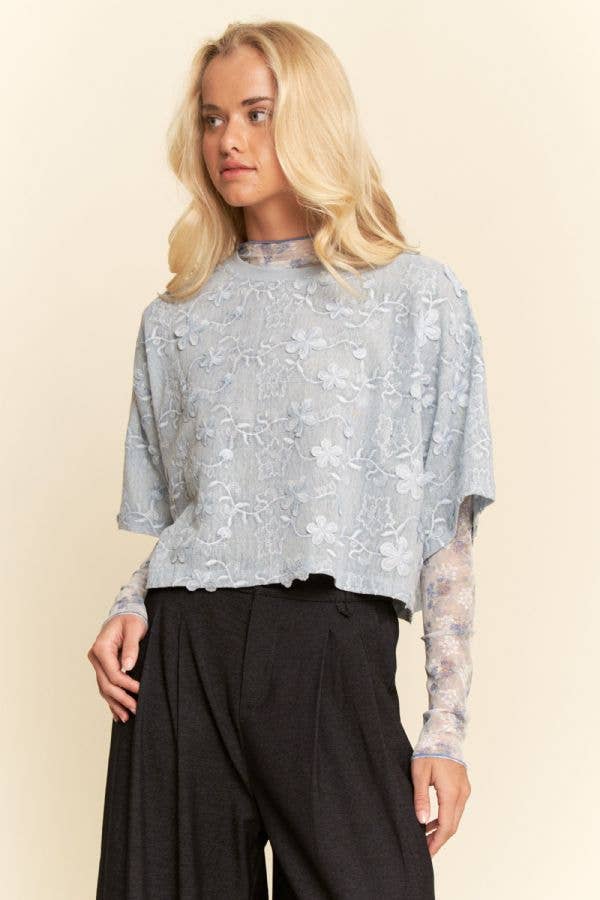 FLORAL RUFFLE SHORT SLEEVE BABYDOLL MESH TOP