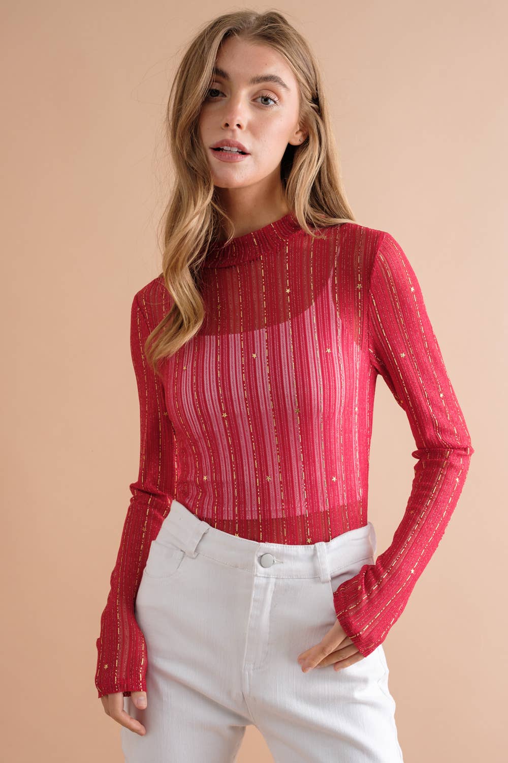 Metallic Star Stripe Mesh Mock Neck Layering Top