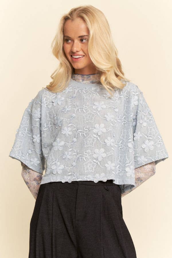 FLORAL RUFFLE SHORT SLEEVE BABYDOLL MESH TOP