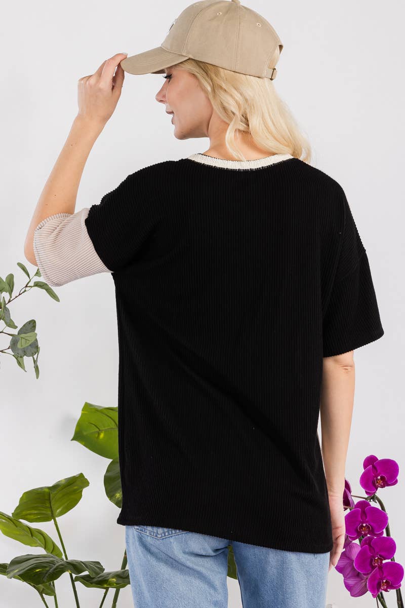 PLUS SIZE CLOTHING RIB COLOR CONTRAST T-SHIRT