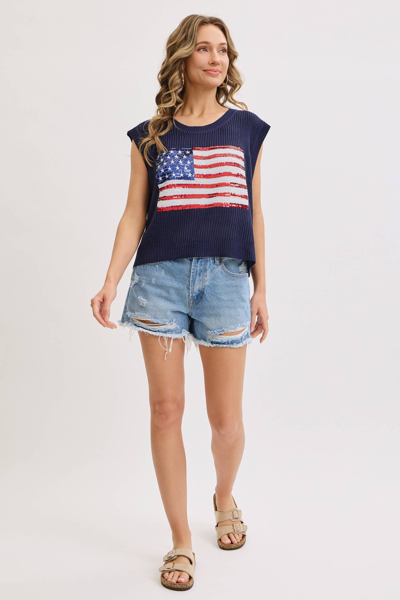 STAR AND STRIPES AMERICAN FLAG KNIT TOP IN SEQUIN