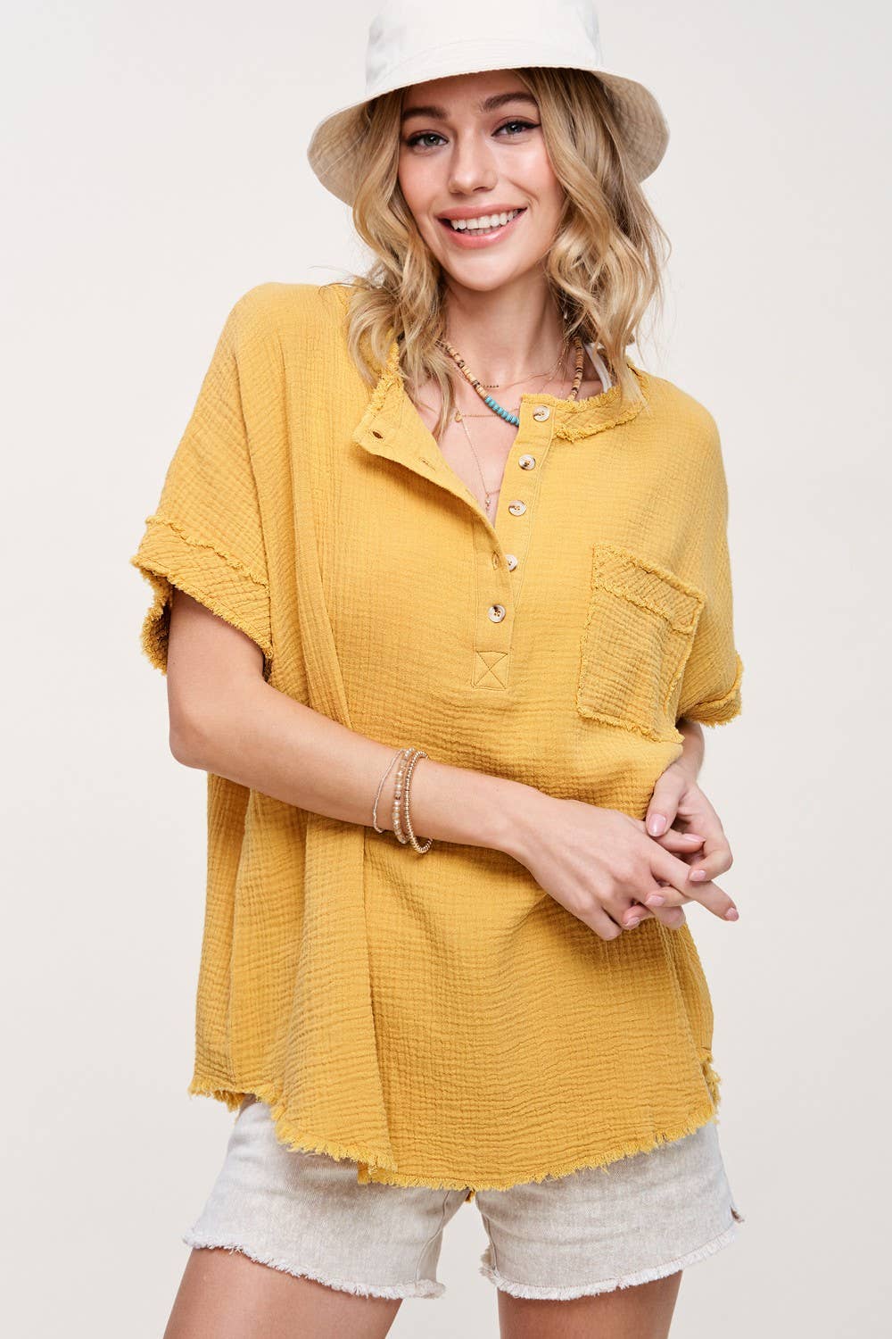 Loose Fit Gauze Button Front Short Sleeve Top