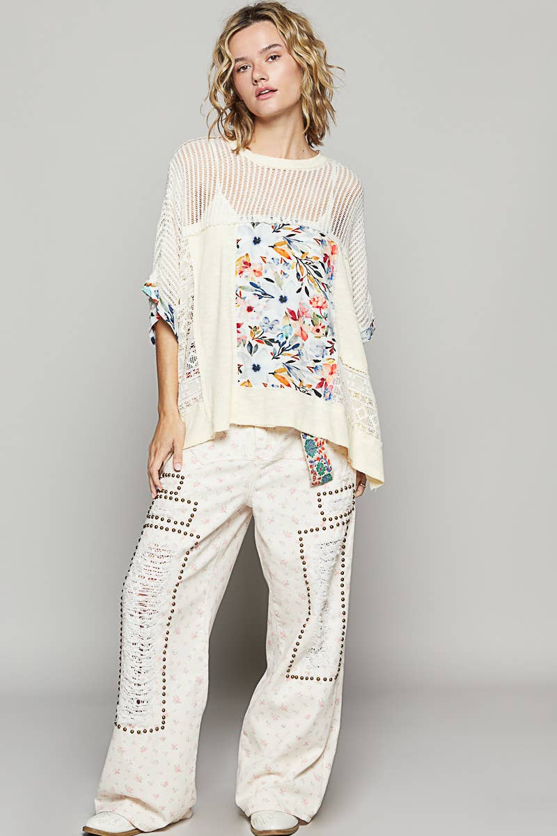 Round neck sleeveless floral pattern rib knit top