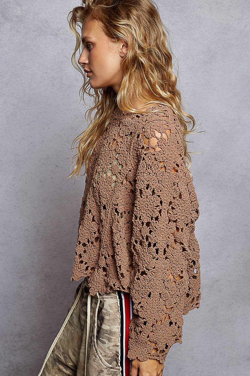 Flare sleeve scalloped edge solid crochet chenille sweater
