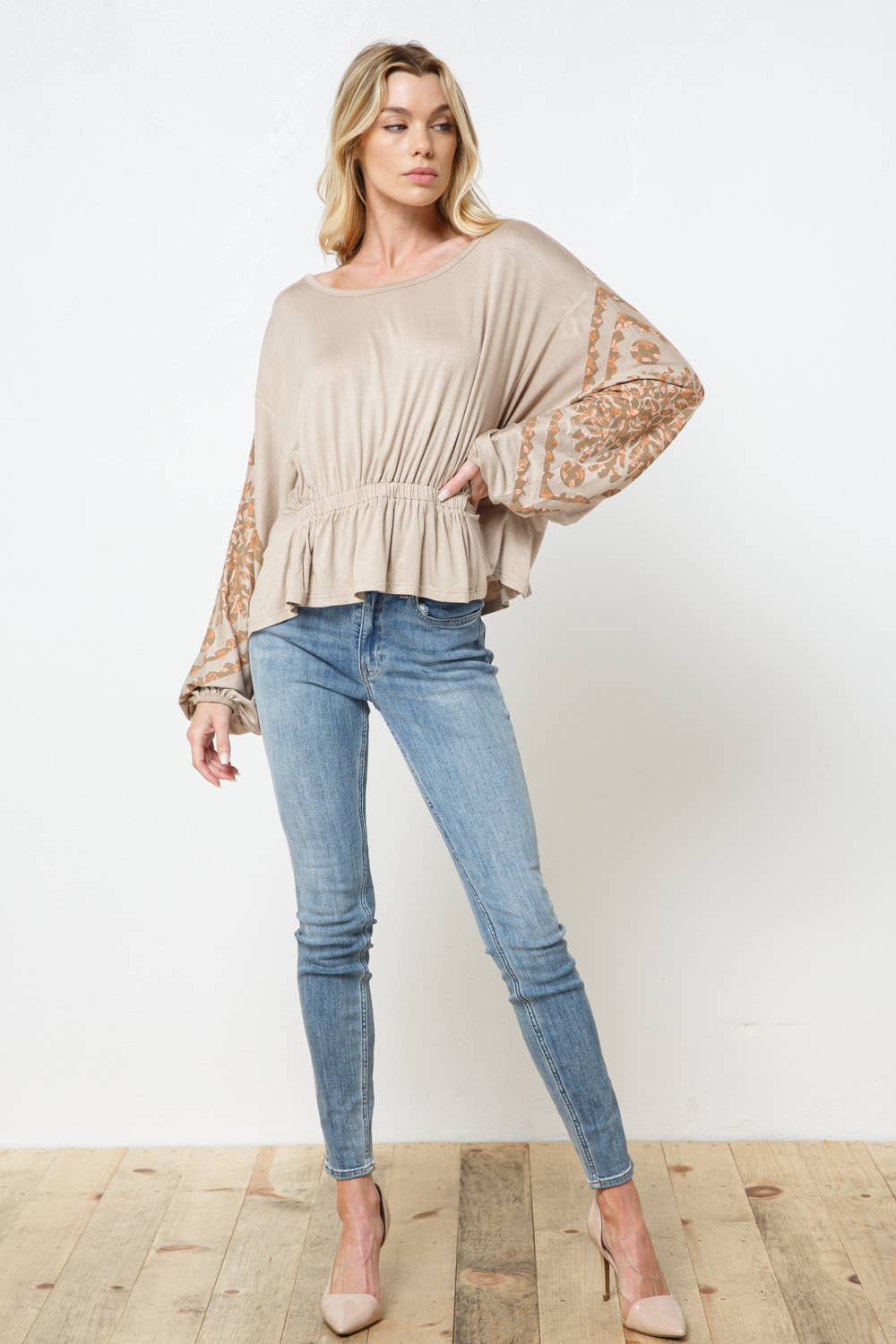Soft Jersey Shirred Front Printed Dolman Top