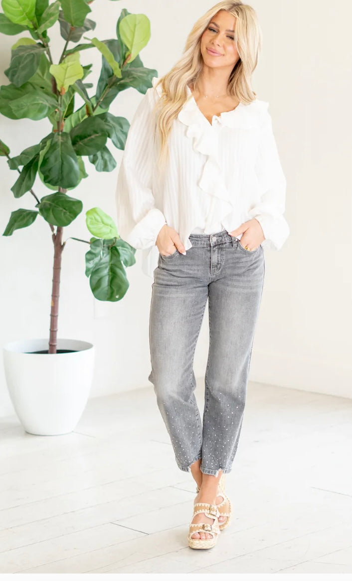 MID RISE GRAY CROPPED STRAIGHT JEANS