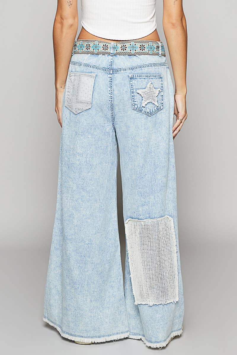 Vintage washed crochet star patch solid pants