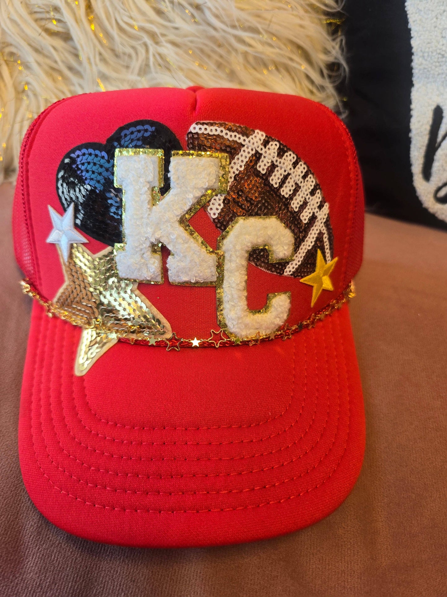 KC Chiefs-Inspired Red Sequin Patch Trucker Hat