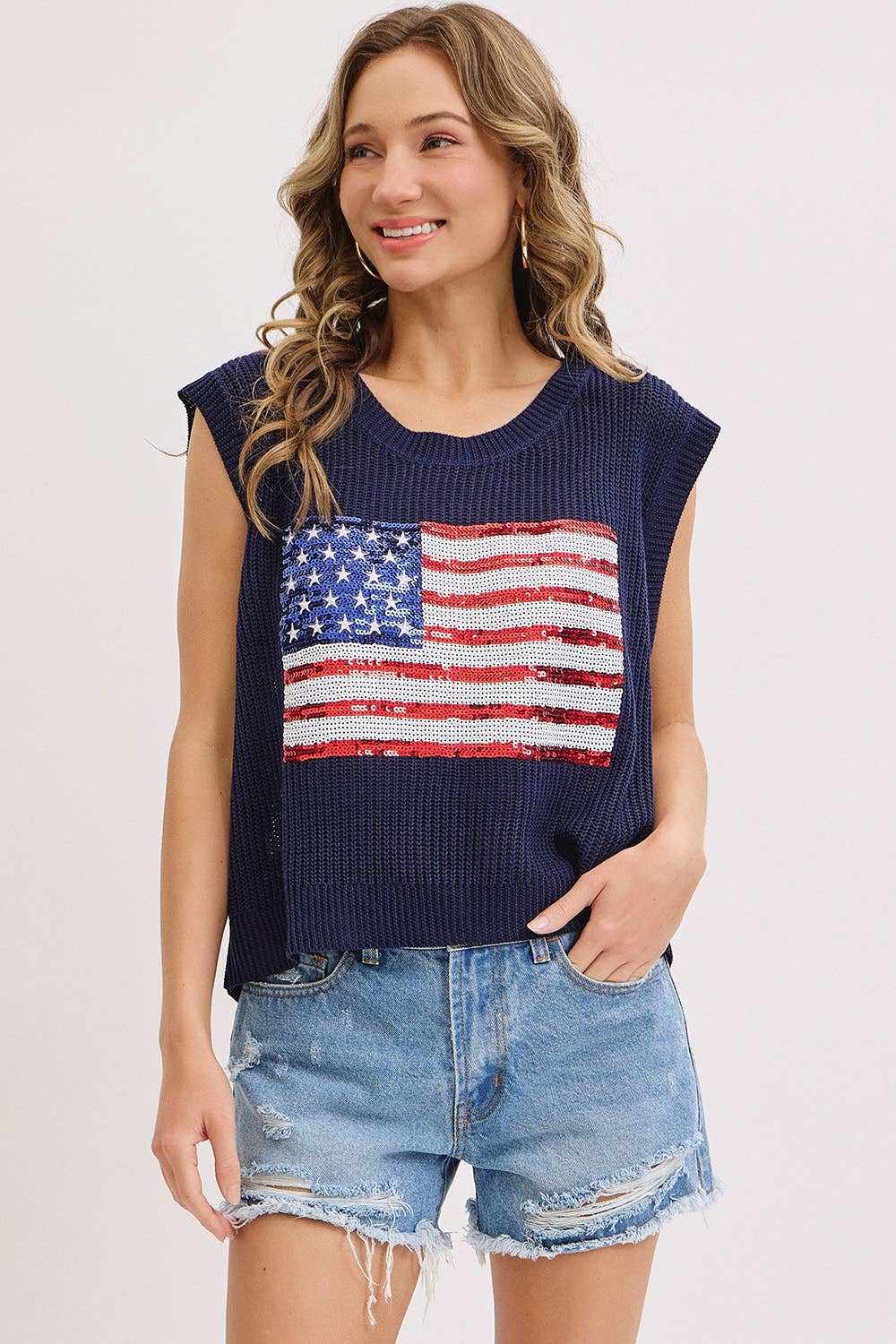 STAR AND STRIPES AMERICAN FLAG KNIT TOP IN SEQUIN