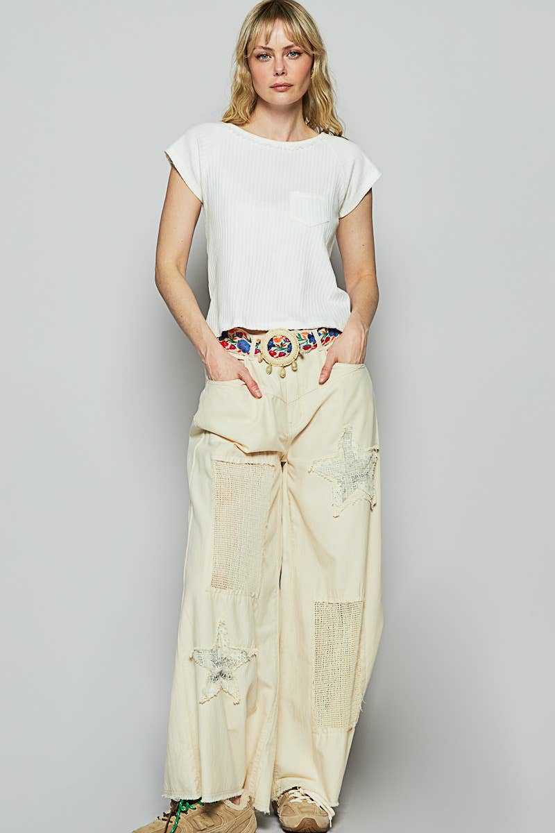 Vintage washed crochet star patch solid pants