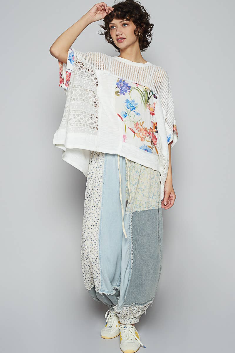 Round neck sleeveless floral pattern rib knit top