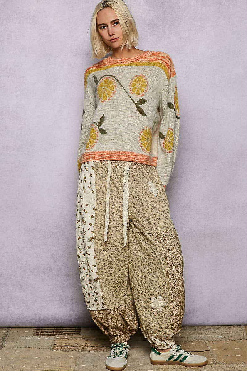 Long sleeve fruit motif pattern multi-colored sweater top