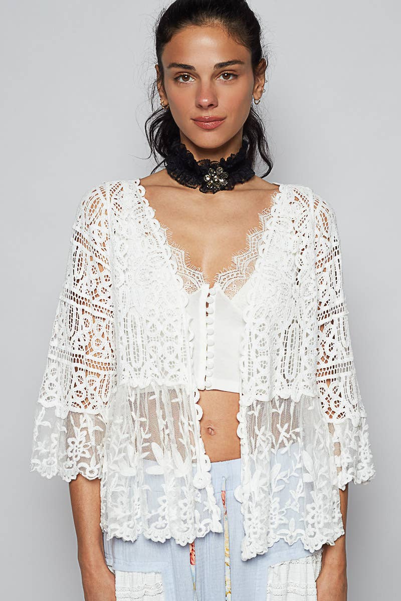 V-neck short sleeve crochet floral lace cardigan