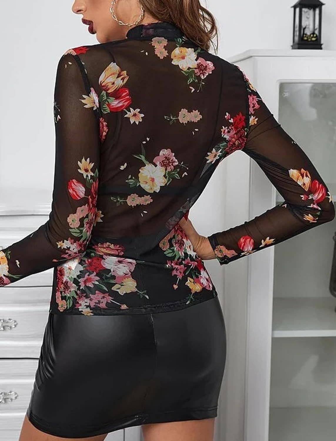 Floral Print Mock Neck Sheer Mesh Top