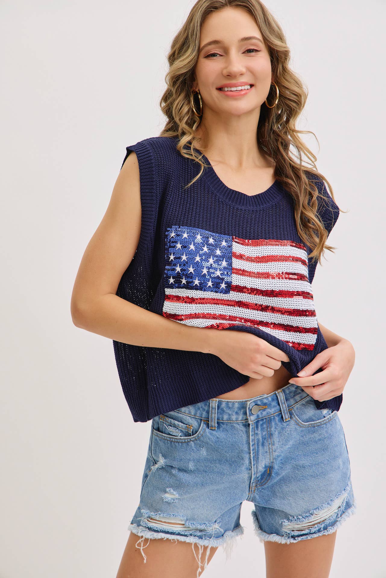 STAR AND STRIPES AMERICAN FLAG KNIT TOP IN SEQUIN