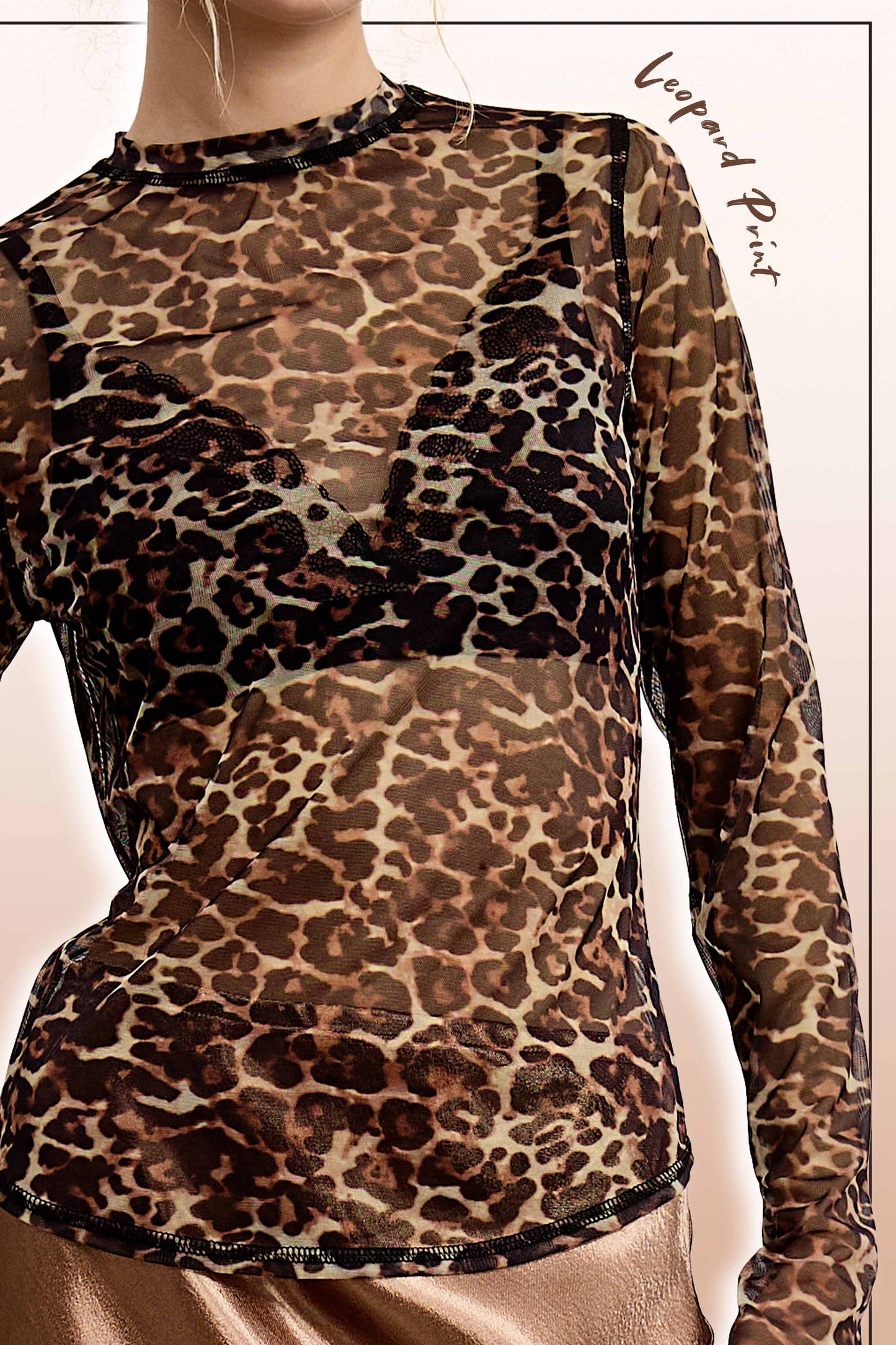 -Semi Sheer Leopard Printed Long Sleeve Mesh Top